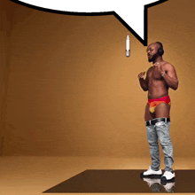 a shirtless man singing into a microphone with a speech bubble behind him