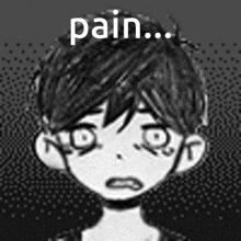 a black and white drawing of a boy with the word pain written above him