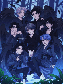 a drawing of a group of people with black wings has the name mishydraws on the bottom