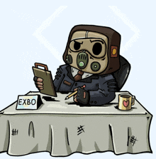 a cartoon of a man in a gas mask sitting at a table with a sign that says exbo on it