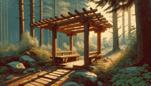 a painting of a wooden pergola in the middle of a forest