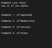 a black background with command list help written at the top