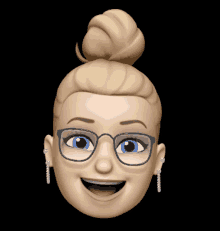 a woman wearing glasses and earrings is smiling with her mouth open