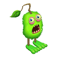 a green cartoon character with a leaf on its head and feet