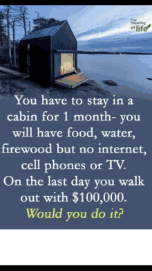 a poster that says you have to stay in a cabin for 1 month - you will have food water firewood but no internet cell phones or tv