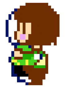 a pixel art drawing of a person with brown hair and a green shirt