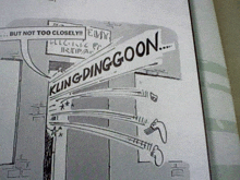 a black and white drawing of kung ding goon with the words but not too closely