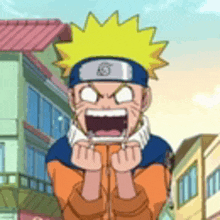 a cartoon character named naruto is making a funny face while standing in front of buildings .