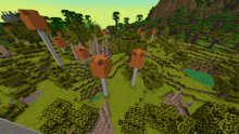 a computer generated image of a minecraft world with trees and shrubs