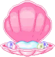 a pixel art illustration of a pink seashell with pearls and gems