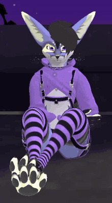 a furry character wearing purple striped socks and a purple hoodie