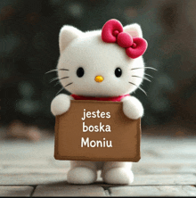 a stuffed hello kitty holding a sign that says jestes boska moniu