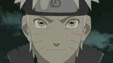 a close up of a naruto anime character wearing a headband and looking at the camera .