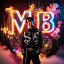 a man stands in front of a neon sign that says " mb "