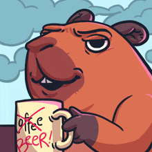 a cartoon hamster is holding a mug that says " coffee beer " on it