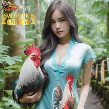 a woman in a blue dress is holding a rooster in front of a banner that says museum bola