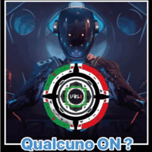 a poster with a robot and the words qualcuno on below it