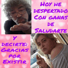 a man and a woman on a pink background with the words hoy he despertado con ganas de saludarte written in purple