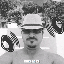 a shirtless man wearing a hat and sunglasses is surrounded by speakers and the word icon on the bottom