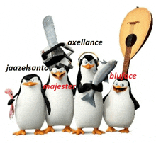 a group of penguins standing next to each other with the names axellance jaazelsanto majester and bluface