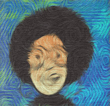 a painting of a man 's face with a large afro on a blue background