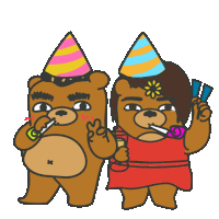 a cartoon of two bears wearing party hats and blowing bubbles