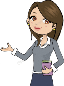 a cartoon of a woman holding a book with her hand out