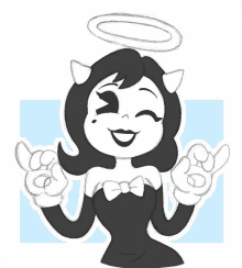 a black and white drawing of a cartoon character with horns and a halo