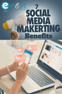 a person holding a megaphone next to a laptop with the words " 7 social media marketing benefits " on it