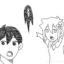 a black and white drawing of a boy and girl with a flower in their hair