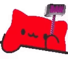 a red cat is sitting on a red couch with a purple remote control on its head .