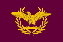 a gold eagle with a laurel wreath on a purple background