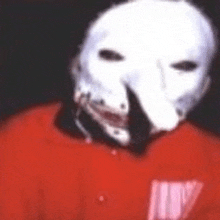 a man wearing a white mask and a red shirt is standing in a dark room .