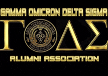 a gamma omicron delta sigma alumni association logo on a black background