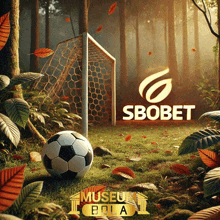 a soccer ball is in front of a soccer goal with a logo for sbobet