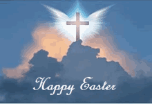 a happy easter card with a cross with wings in the clouds