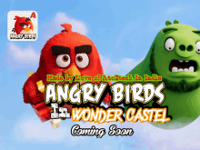 a poster for angry birds wonder castel shows a red bird and a green pig