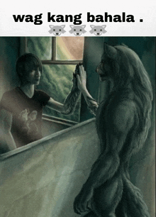 a drawing of a werewolf giving a high five to a man