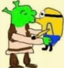 shrek is kissing a minion with a sword in his hand .