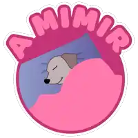 a sticker of a dog sleeping under a pink blanket with the words a mimir