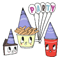 a drawing of a bucket of french fries a cup of cake and balloons with the word party on them