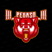 a red wolf holding a barbell with the word pegaso written above it