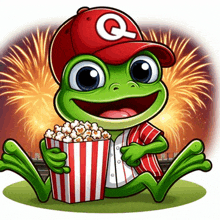 a frog wearing a red hat with the letter q on it is holding a bucket of popcorn