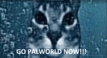 a blurred image of a cat with the words go palworld now below it