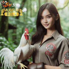 a woman is holding a white rooster in front of a museum bola logo