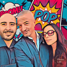 two men and a woman are posing for a picture in front of a pop comic book background