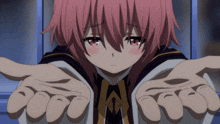 a girl with pink hair and red eyes is holding out her hands towards the camera