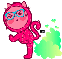 a cartoon drawing of a pink cat with glasses and a mtv logo