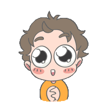 a cartoon drawing of a boy with big eyes wearing an orange shirt