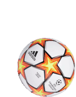 an adidas soccer ball is floating in the air on a white background .